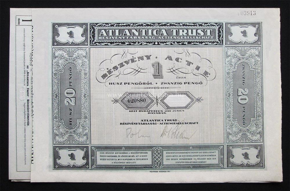 Atlantica Trust Részvénytársaság részvény 20 pengő 1928